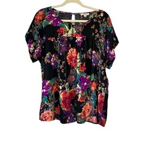 Andree by Unit 2X Black Multi Floral Print Short‎ Sleeve Blouse Top Womens